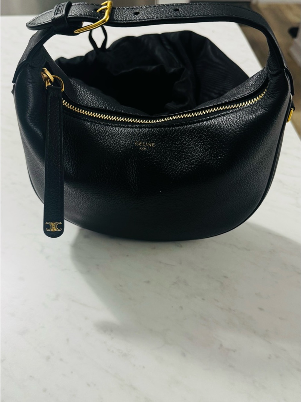 Celine Black Pebbled Leather Hobo with Gold Hardware
